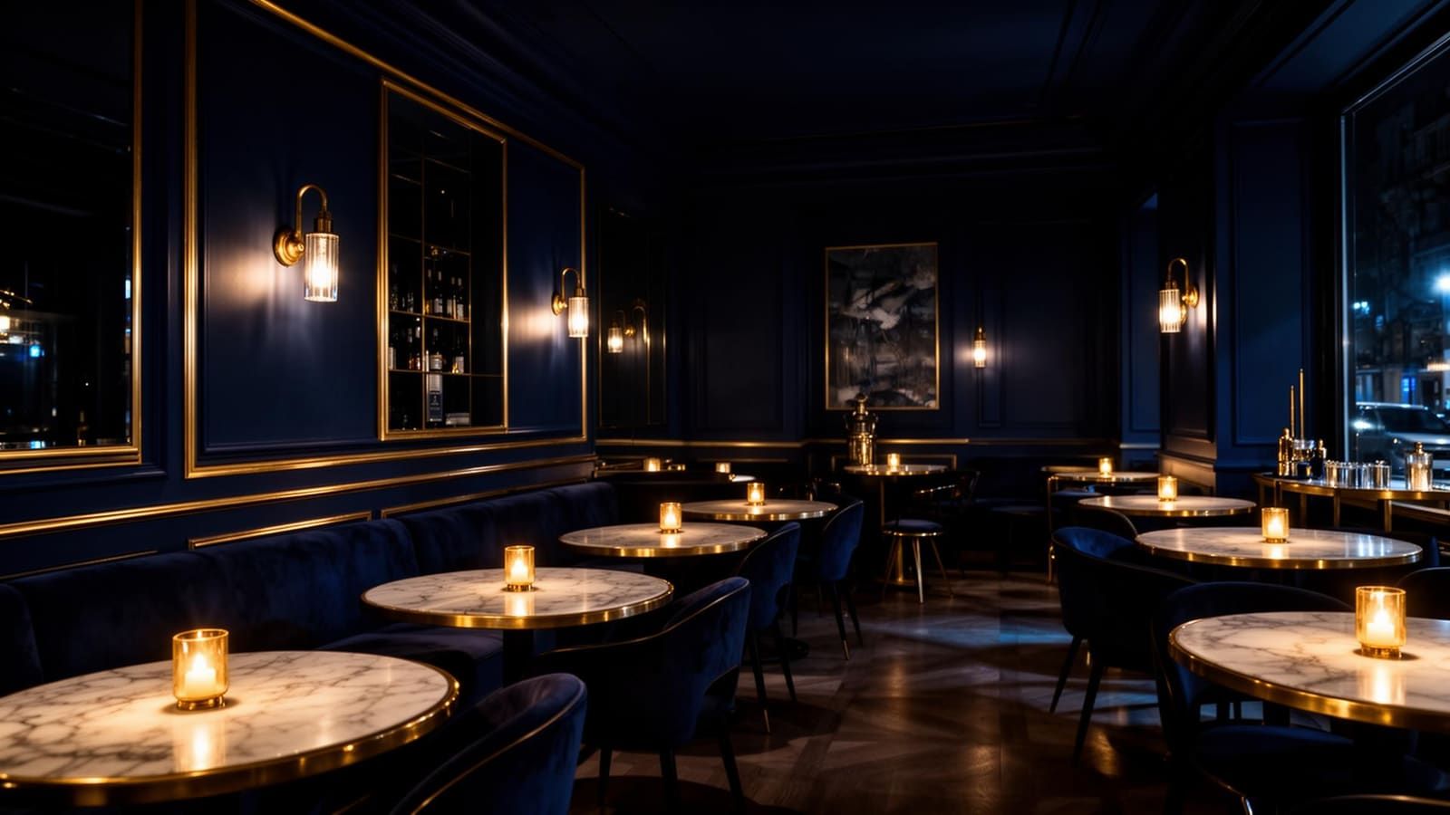 Candlelit Leonidas cafe interior at night